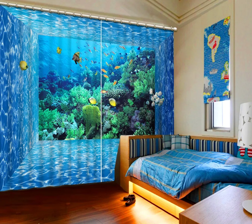 

modern living room curtains Blue wave space underwater world 3D Curtain Printing Photo Drapes Fabric For Room Bedroom Window