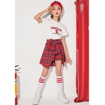 

New Jazz Dance Clothing Girls White Top Lattice Skirt Stage Costumes Modern Dance Costume Hip Hop Dance Costumes Kids DQS2087