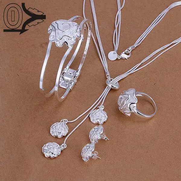 

Hot Sale Silver Plated Jewelry Set,Cheap Bridal Party Sets,Fashion Rose Flower Silver Necklace Bracelet Ring Earring Four-piece