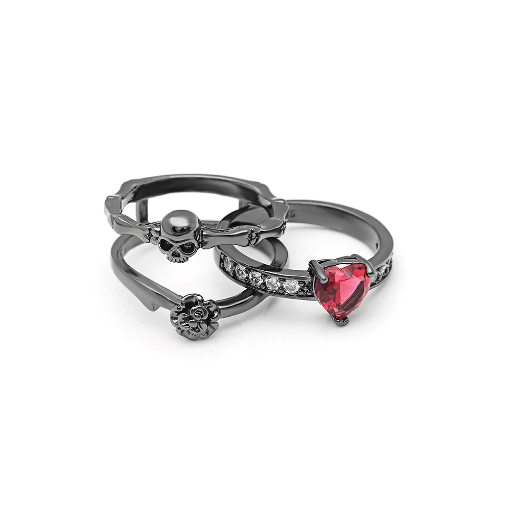 Gothic Skull Finger Black Gold Color wedding rings sets For Women Girl Red  Heart CZ Rose Flower Trendy Jewelry Gift rings