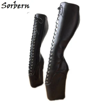 

Sorbern Black Matte Ballet Wedge Boots For Women Knee High Hoof Heelless Shoes Ladies Platform Boots Runway Shoes Lace Up Front