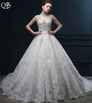 

Custom Made Ball Gown Big Train Crystal Beaded Diamond Lace Wedding Dresses Long Formal Elegant Luxury 2019 Bridal Gowns DW75