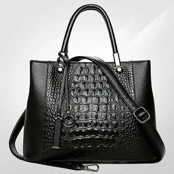 

JHD-Aibkhk Leather Handbags Alligator Shoulder Crossbody Bags For Women Black Large Totes Ladies Messenger Bag