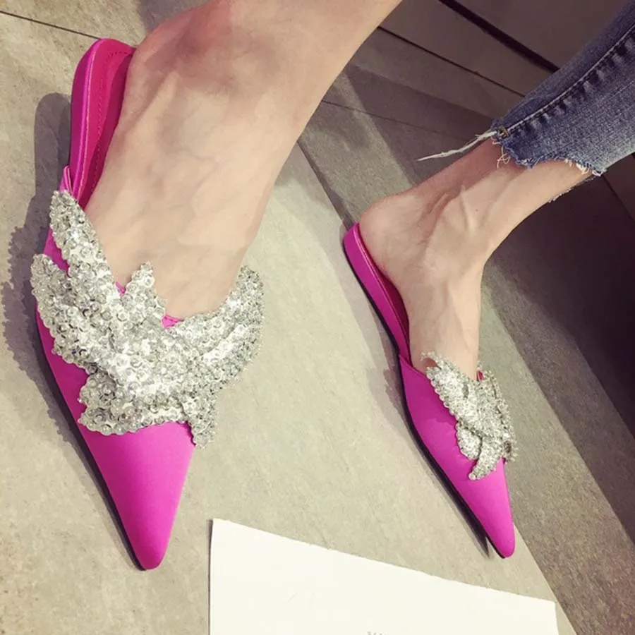 

New Fashion Rivet Rhinestone Women Slippers Muller Shoes Pointed Toe High Quality Hard-Wearing And Anti-skid Vogue Slides Female