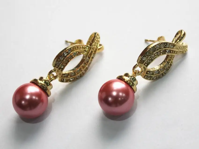 

latest fashion lady's nicest 18KGP with crystal plated leave shape +12mm pink pearl bread earring