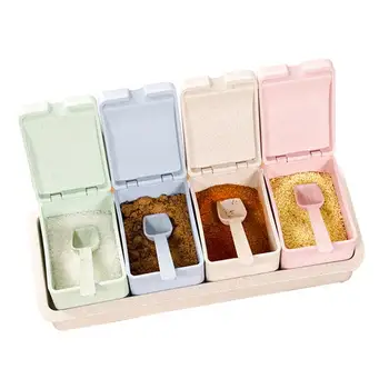 

4 Piece Seasoning Box Seasoning Rack Spice Pots Storage Container Condiment Jars Cruet with Cover and Spoon