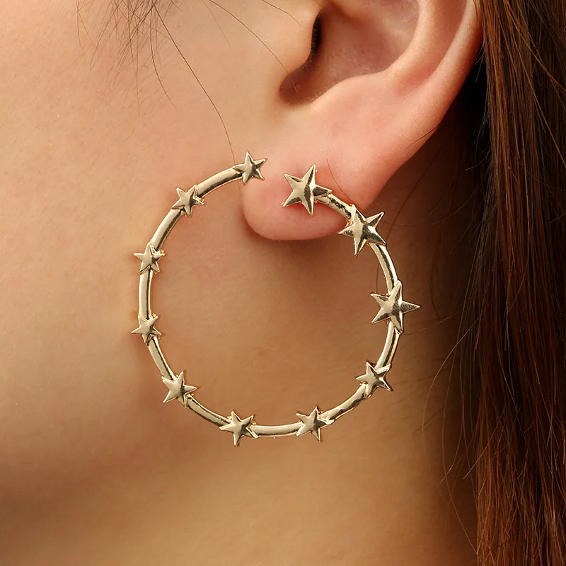 Wholesale Alloy Hoop Earring Golden Star Ring Shaped Loop Metal Earrings For Girls