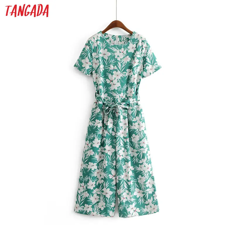 

Tangada womens green jumpsuit flower print ankle length pants with belt ladies overalls jumpsuits summer beach playsuits 3Y03