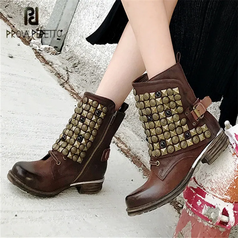 

Prova Perfetto Punk Style Ankle Boots for Women Autumn Winter Short Booties Female Riding Boot Rivets Rubber Botas Mujer