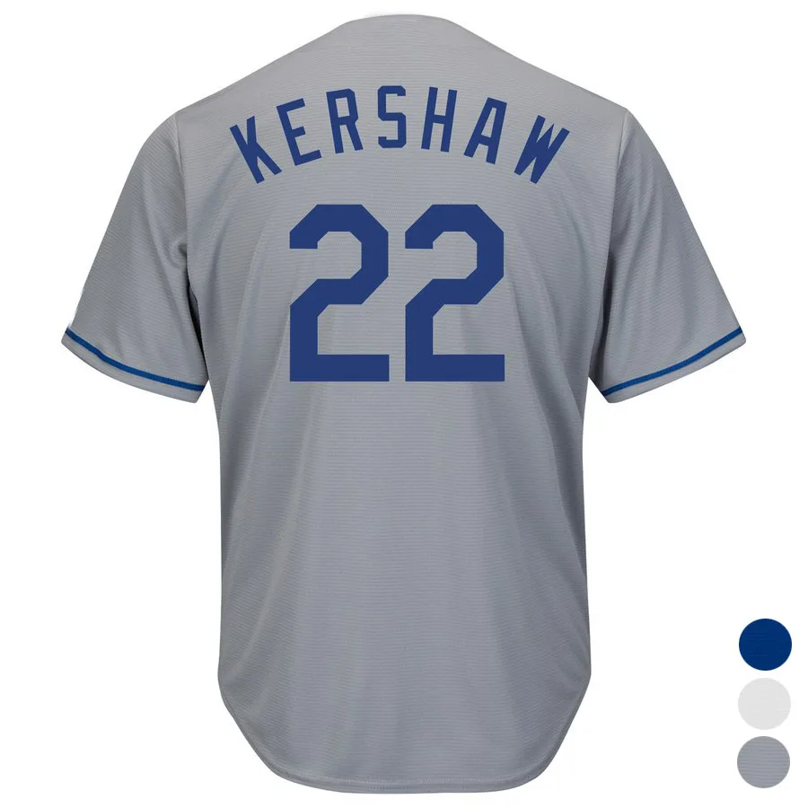 

Mens Los Angeles 22 Clayton Kershaw Royal White Gray Blue Cool Player Jersey Sewn on baseball jerseys