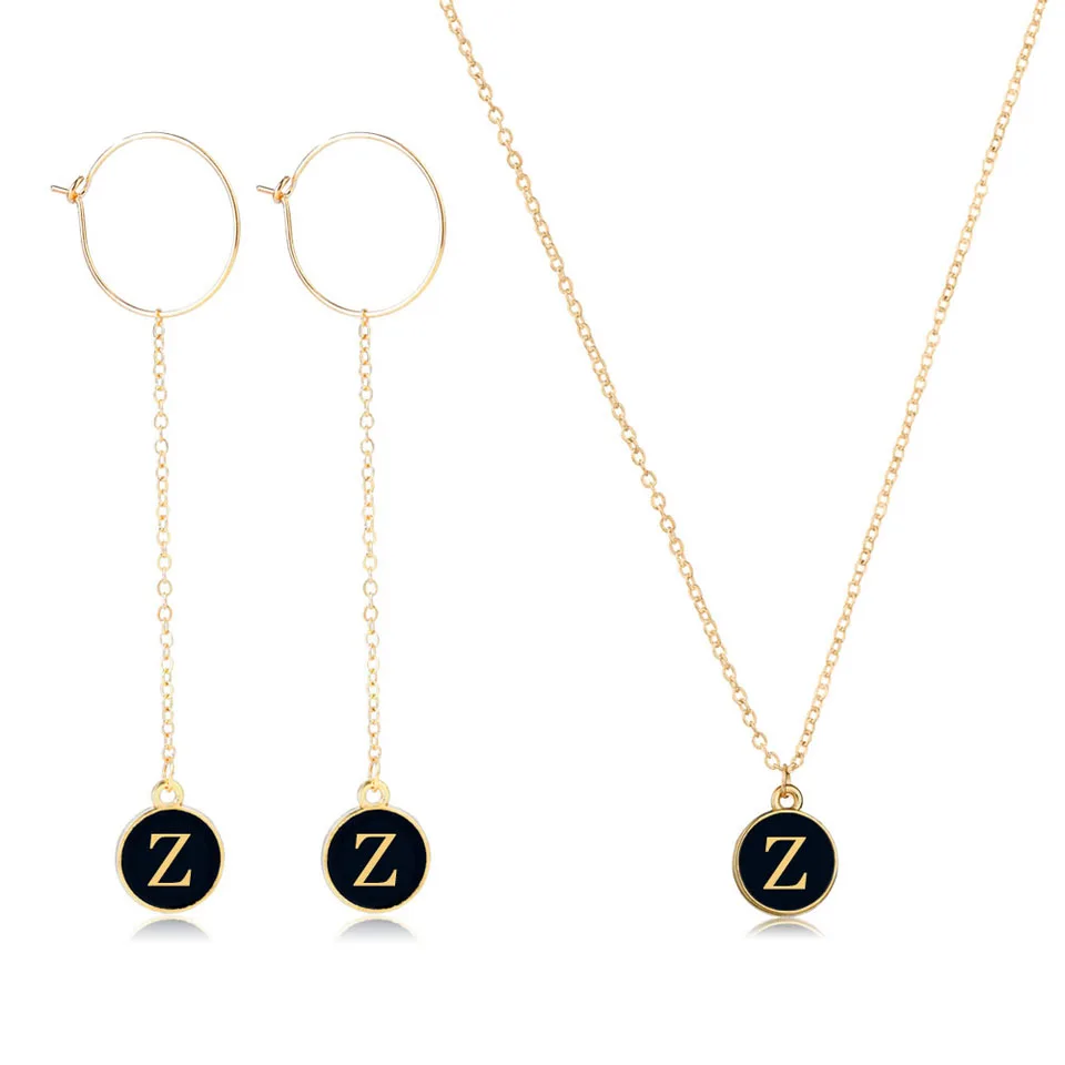 

Classic Hand Made Round Double Side A-Z Letters Trendy Style Women Earring Necklace Sets Anniversary Jewelry Sets Gifts