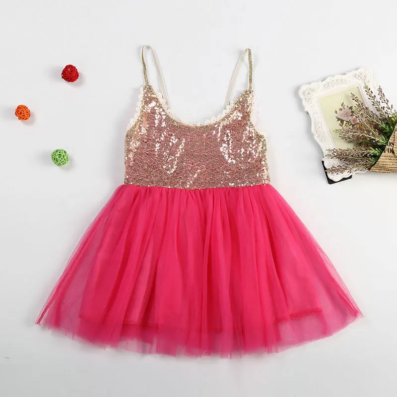 

Hot Pink Girls V-Neck Sling Tutu Dress Kids Lace Sequin Gauze Party Dress Baby Satin Bling Top with Glitter Tulle Stitching Tutu