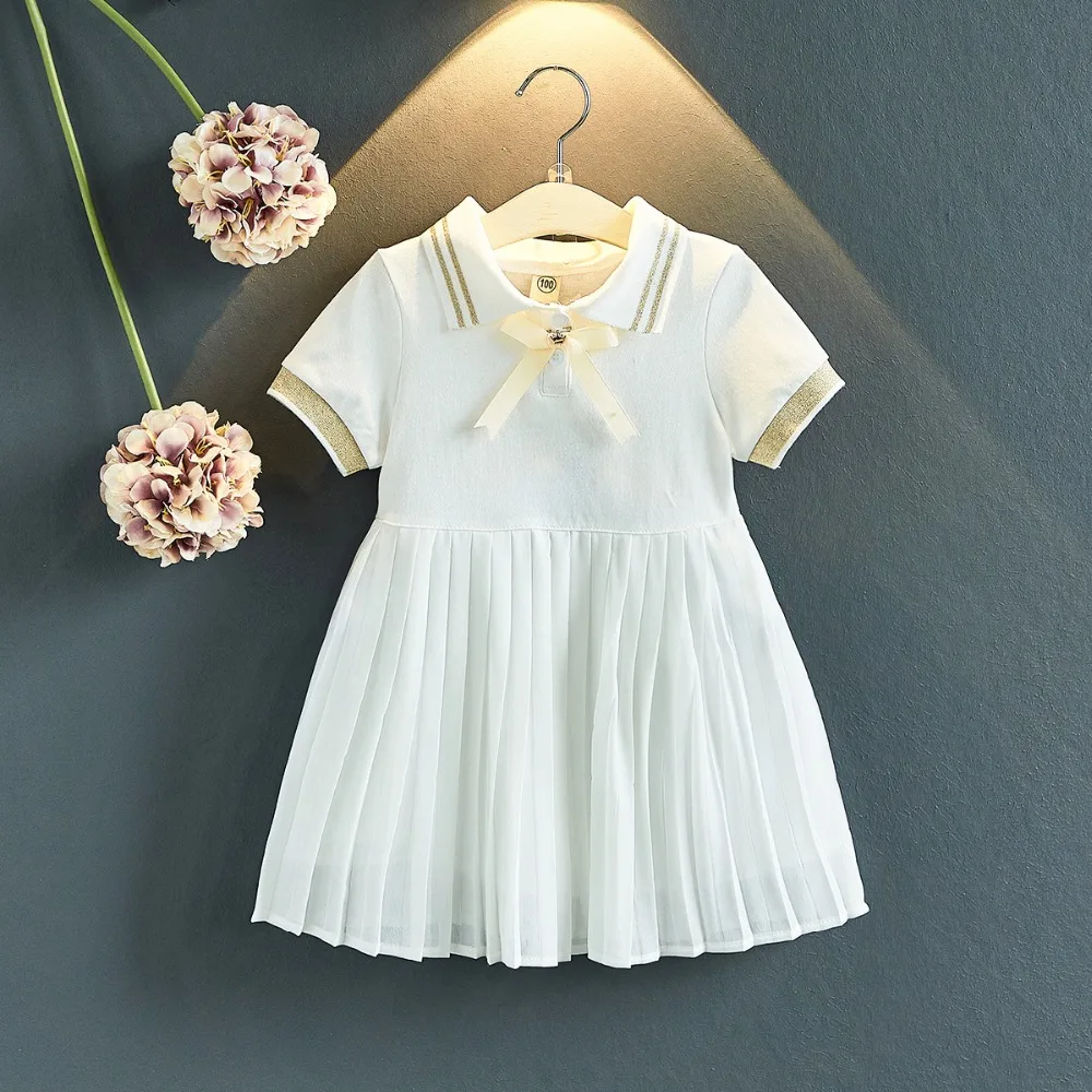 

Summer Preppy Style Girls Short Sleeve Lapel Collar Bow Cotton Princess Party Pleated Tutu Dress Children's Dresses vestidos