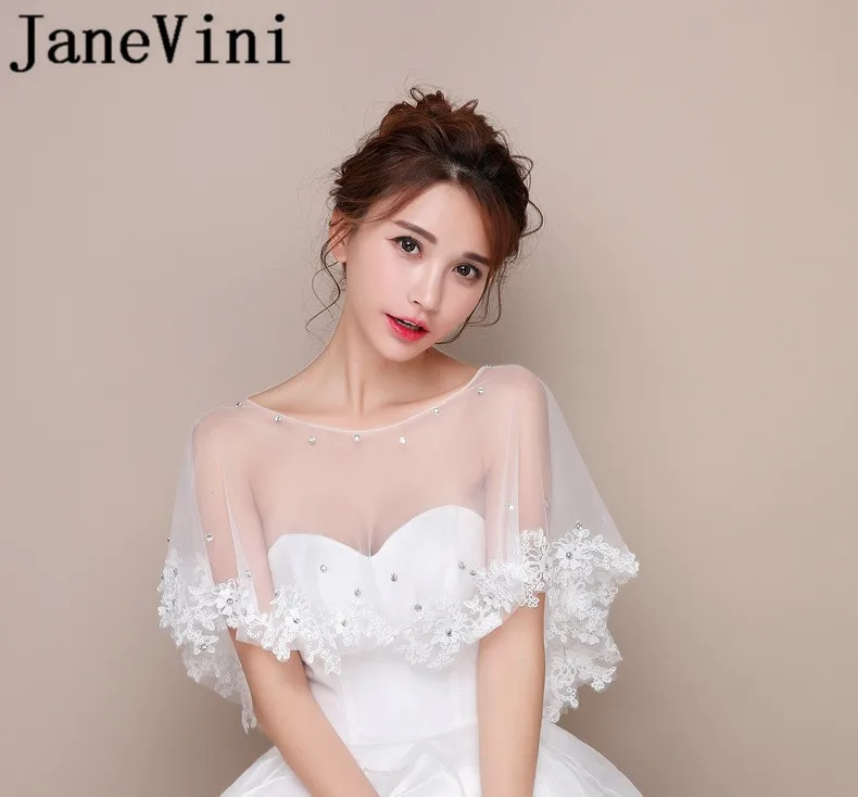 

JaneVini Bolero Vintage Lace Flowers Bride Capes Wedding Shawl Wrap Beaded Appliques Women Short Top Shrug Crystal Stoles 2019
