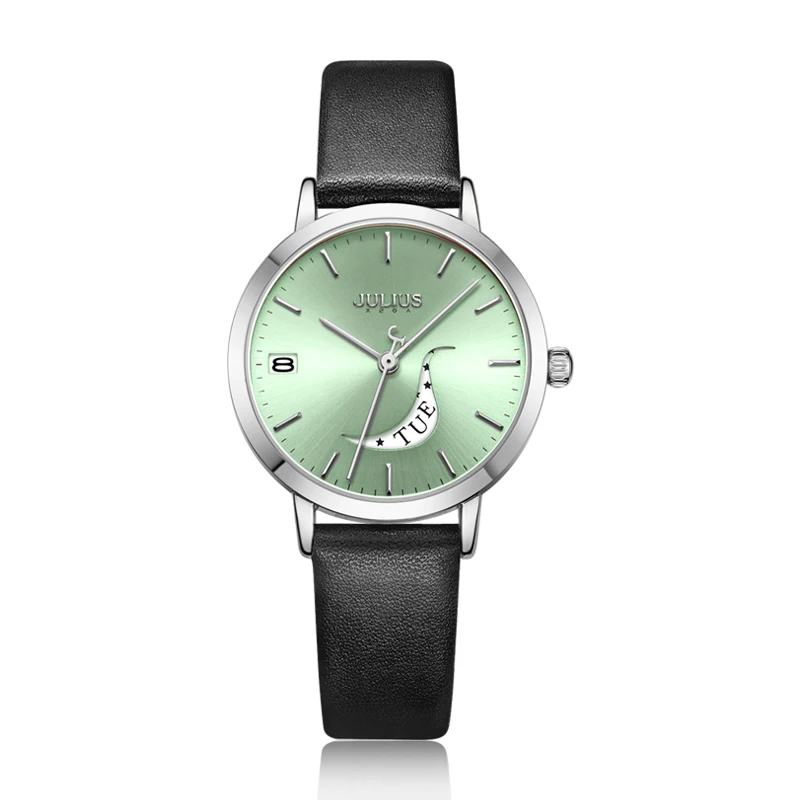Julius часы Авто день скелет для женщин кварцевые часы дамы Лидирующий бренд Роскошные женские наручные часы девушка часы Relogio Feminino JA-1076 - Цвет: Green Dial Black