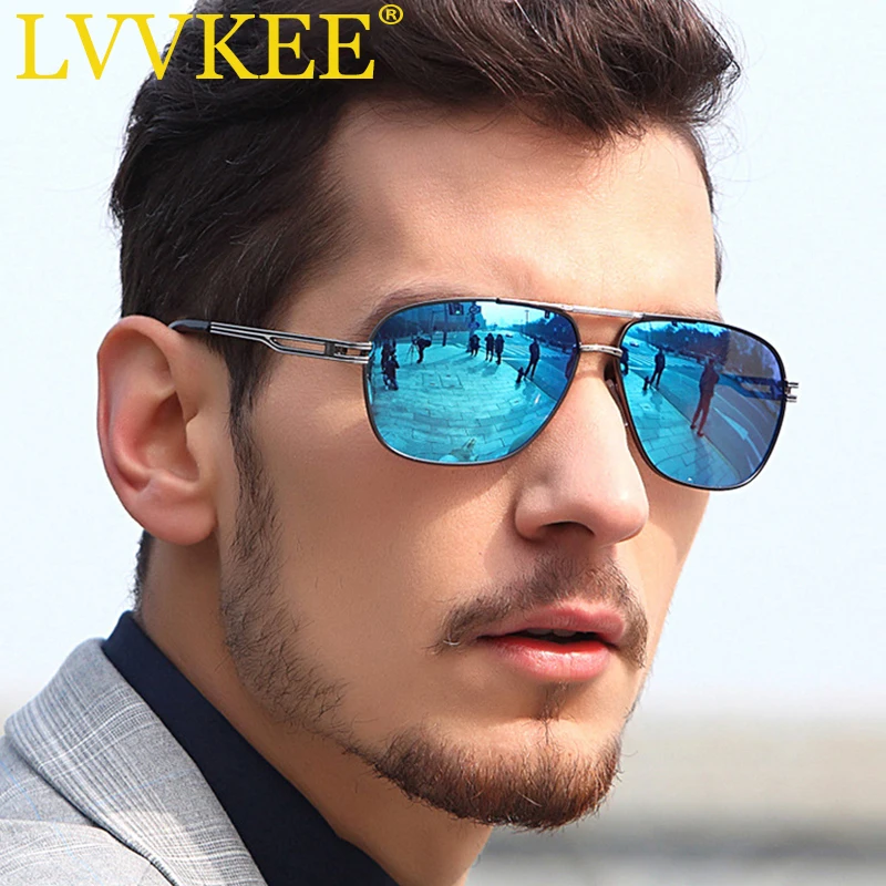 LVVKEE Brand Designer HD Polarized Sunglasses Metal Frame Blue lens Men