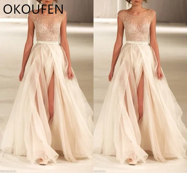 Split Side A-Line Prom Dresses Crew Sleeveless Sash Simple Design Long Backless Formal Sexy Evening Gowns Cheap Red Carpet Celebrity Dress=