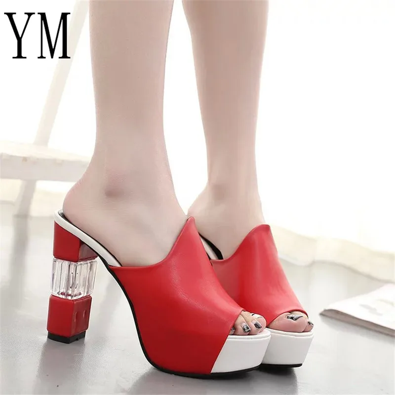 018 Sexy Summer Women Elegant Red High Heel Sandals Peep Toe Platform Shoes Crystal Chunky Heel Shoes Lady Thick Heel Fashion 40