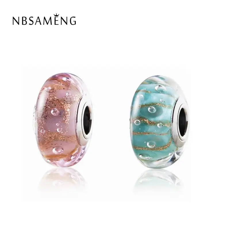 

Authentic 925 Sterling Silver Pink Green Bubble Mint Glitter Murano Glass DIY Bead Charm Fit Pandora Bracelets Charms Jewelry