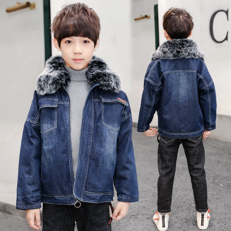 

Russian winter Coat 5-13 years old kids denim jacket children's parkas Coated fabric Big fur collar Windbreakercotton thickening