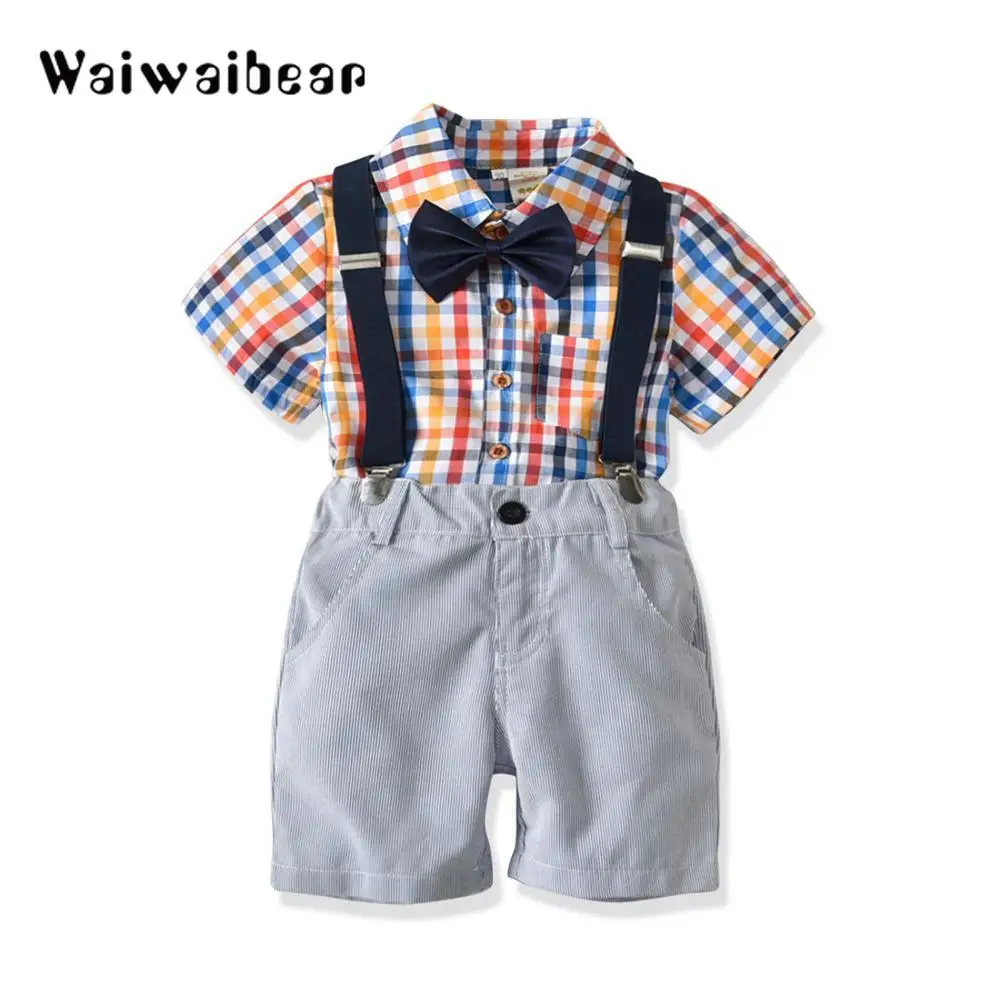 

New Summer Kids Boys Clothes Sets Bowknot Plaid Shirts+Shorts 4pcs/set Handsome Gentleman Kids Casual Boy Clothes