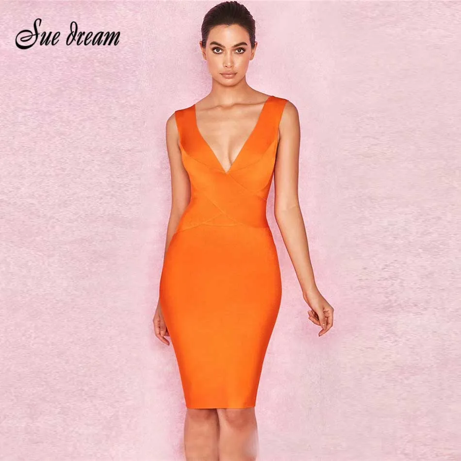 

2018 Summer Women Bandage Dress Vestidos Verano Orang Red Tank Sexy Deep V-Neck Sleeveless Bodycon Celebrity Party Dresses