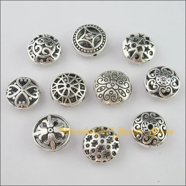 

10Pcs Mixed Antiqued Tibetan Silver Tone Round Flat Spacer Beads Charms Jewelry Craft DIY