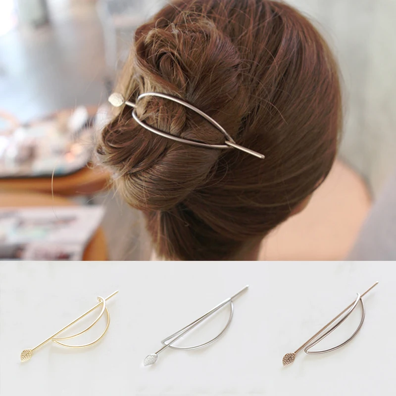

Fashion Women Girls Korean Style Simple Oval hollow leaf hairpin Updo fashion Metal Hair clip Hair Stick