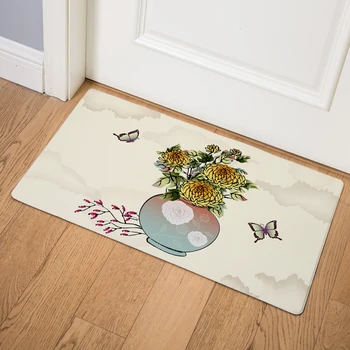 

Colorful Watercolor Chinese Ink Plant Door Mat Decor Plant Flower 46*76cm Kitchen Waterproof Carpet Entrance PVC Leather Mats