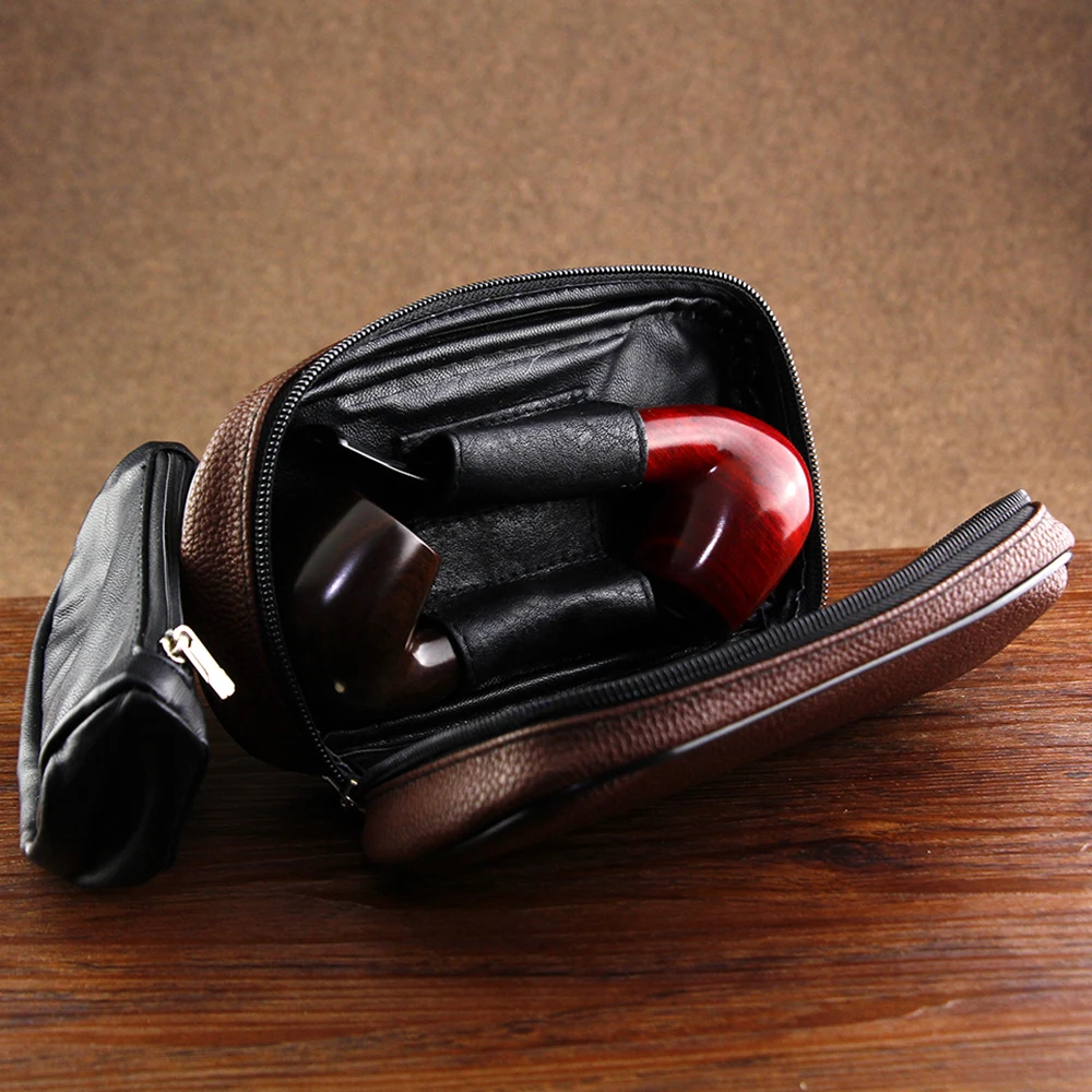 Brown Lichee Pattern Leather Bag for 2 pipes Classic Smoking Pouch