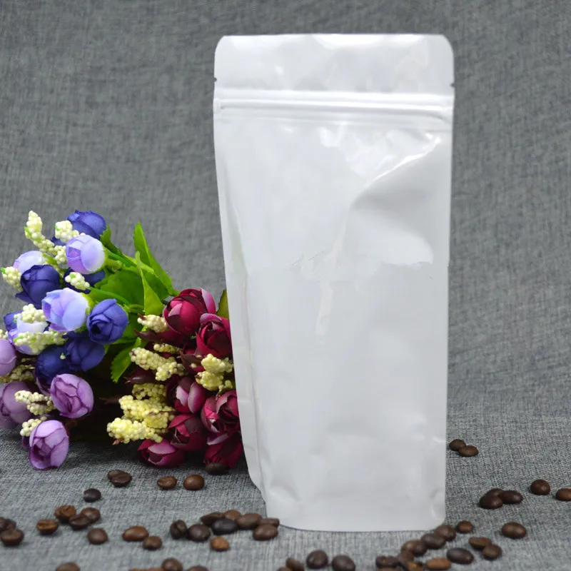 Leotrusting 50 قطع الوقوف لامعة الأبيض حقائب ورق ألومنيوم مزودة بسحاب حقيبة دوق-باي حبوب البن التعبئة والتغليف حقيبة الأبيض احباط تخزين أكياس