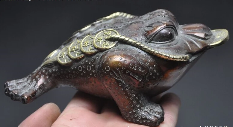 

6"old chinese fengshui bronze gilt wealth money coin Toad Bufo Frog lucky statue