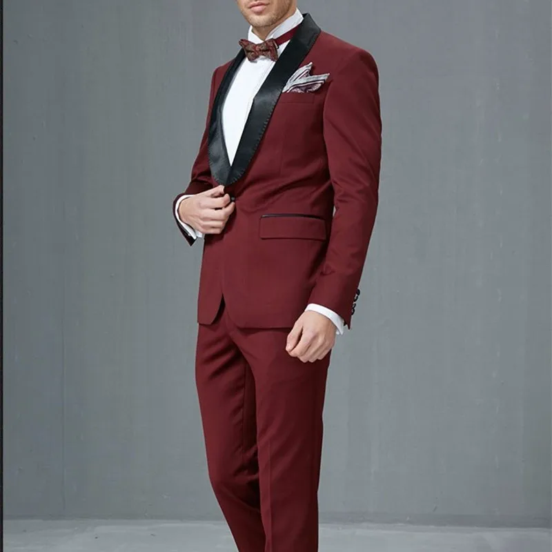 Groomsmen tuxedo black Shawl Satin Lapel Groom Tuxedos Burgundy Wine