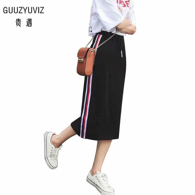 GUUZYUVIZ Осенняя Повседневная Длинная юбка в полоску Jupe Longue wrap Hip Basic Skirt женская зимняя черная юбка-карандаш Женская тонкая