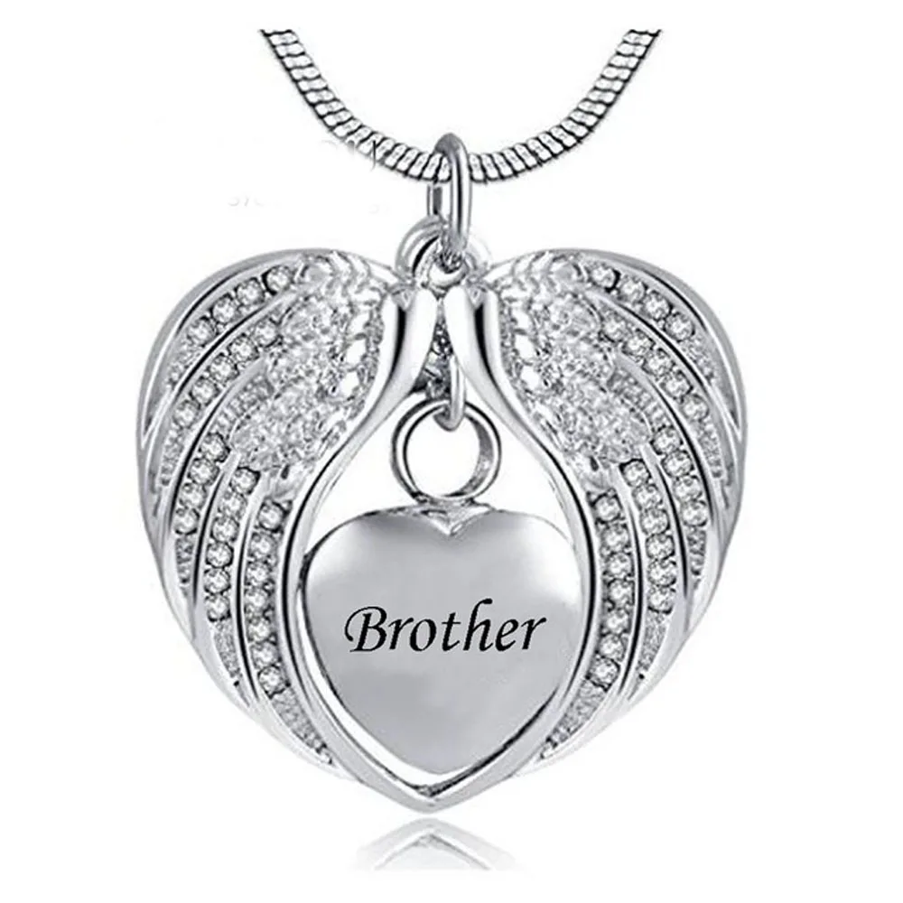 Crystal Charm Angel Wing Hold Heart Cremation Urn Necklace -Engraving Mom/Dad/Son Keepsake Memorial Jewelry for ashes
