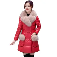 2016 Winter New Women’s Leather Down Jacket High Imitation Fox Fur Slim Thick Warm Fur Coat Plus Size Faux Fur Outerwear LZ025
