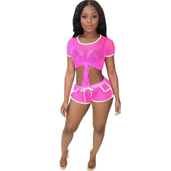 

Women Summer Sexy Two Piece Set Short Set Sheer Mesh Crop Top Shorts Set Suits Club 2 Piece Outfits Casual Women Set Tracksuit