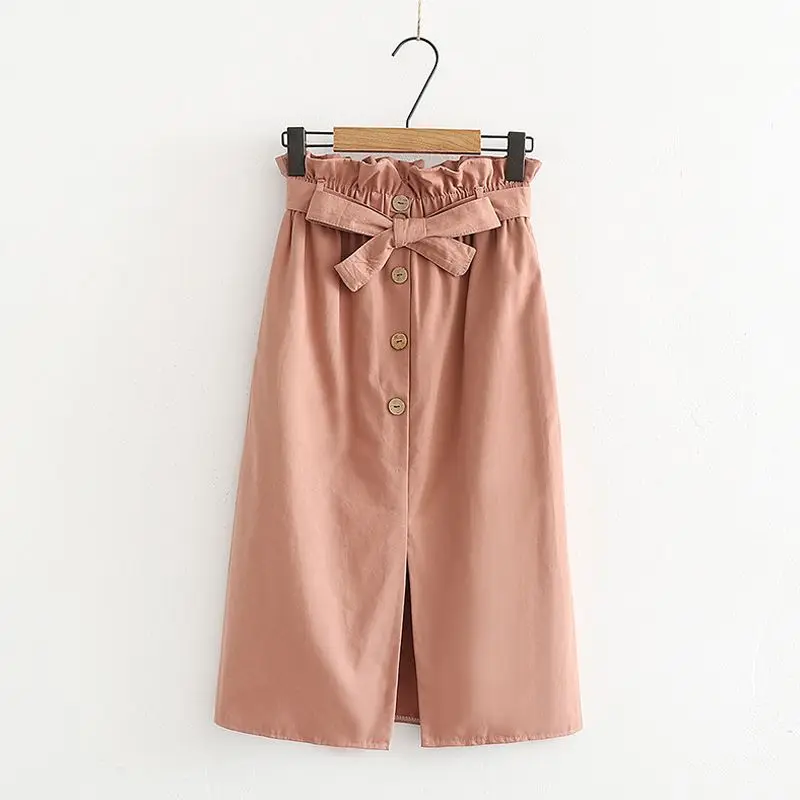 

Summer Lace Up Skirts Women's Elegant Button High Waist Solid Color Skirt Female Pleated Skirt