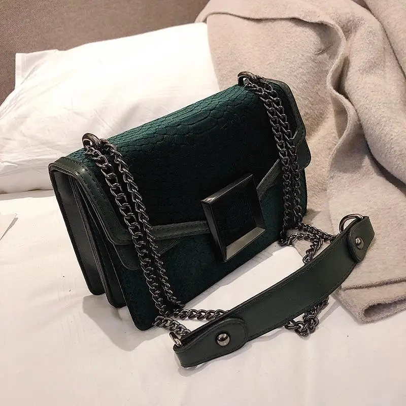 Winter Autumn Luxury Female Bag Women Velvet Shoulder Bag Chain Strap Flap Messenger Bag For Female Crossbody Bag - Color: Green