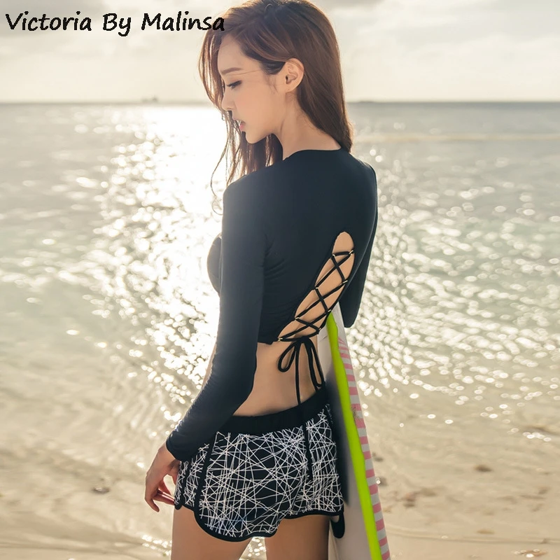 

Women's Bikini Set Underwire Pad Bra Trunk Swimming Swimwear Secret Printed Black Low Waist 3-Piece Set Long Sleeve Swim Suit