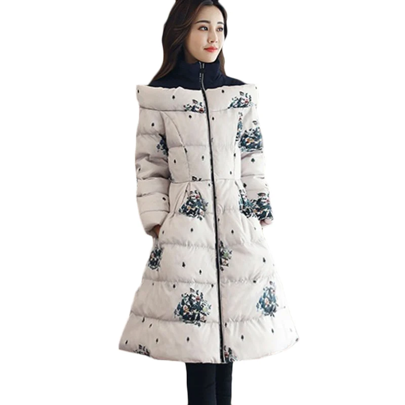 Новая женская хлопковая куртка с принтом осенне-зимняя модная теплая пуховая хлопковая куртка s Женская длинная Повседневная парка больших размеров 3XL F806 - Цвет: light grey