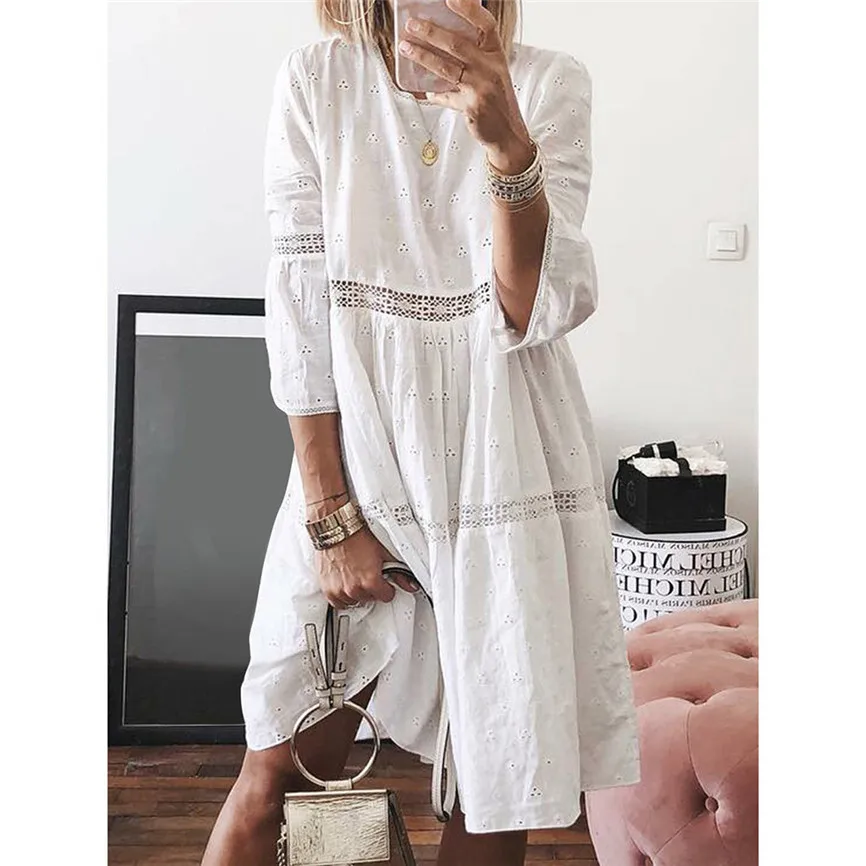 

Women Summer Dress 2019 New Sexy Dress Boho Solid Crew Neck Dresses Hollow Out Splice 3/4 Sleeve Mid-Long Elegant Party Vestidos