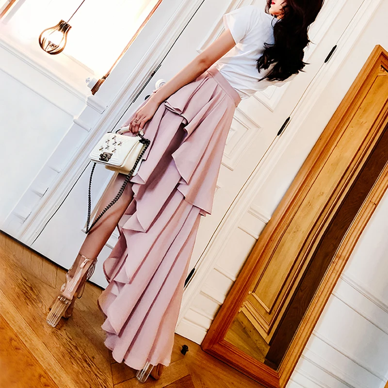 

Elegant Pink Layered Long Chiffon Skirts High Low Ruffles Zipper Waist Skirts Floor Length Fashion Women Skirts Custom Made