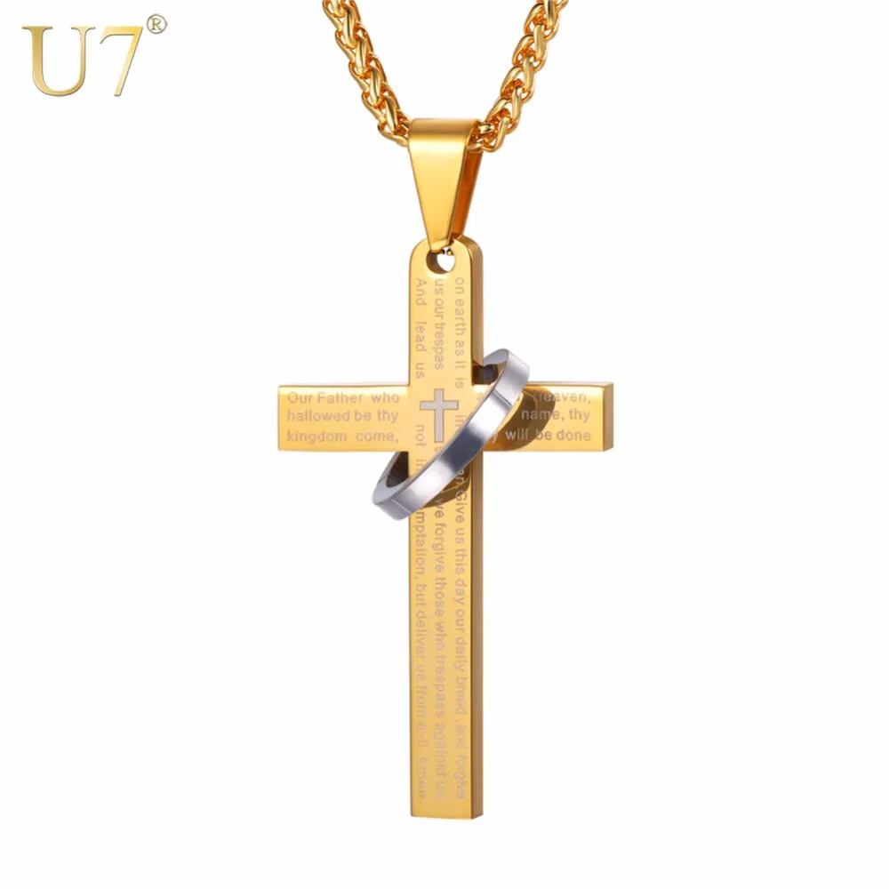 U7 Cross Necklace For Men Trendy Black/Gold Color Stainless Steel
