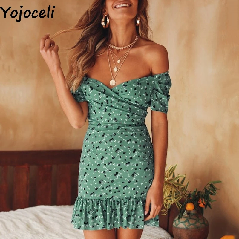 Yojoceli сексуальное короткое шифоновое платье с открытыми плечами и цветочным
