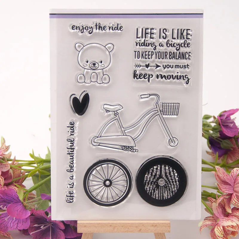 

Bear Bicycle Life Words Transparent Clear Silicone Stamp for Seal DIY Scrapbooking Photo Album Decorative Clear Stamp Sheets