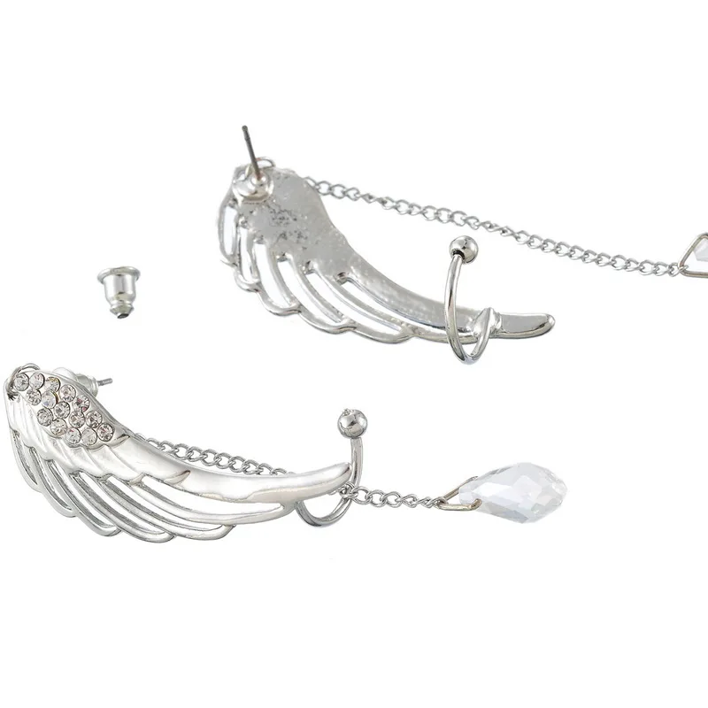 MJARTORIA, 1 пара, модные серебряные со стразами, крылья ангела, клипсы, серьги для женщин, летние, перо, манжеты для ушей, длинные кисточки, очаровательные ювелирные изделия