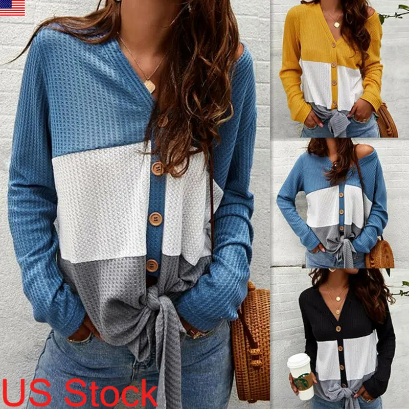 

2019 Autumn Women V Neck Long Sleeve Shirt Tops Button Ladies Causal Loose T-shirt knitted Fashion Patchwork Sexy Clothes New