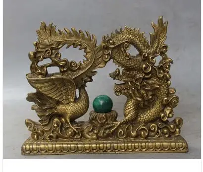 

Art Bronze Decoration Crafts Brass Exquisite 8" Chinese Brass Fengshui Emperor Royalty Dragon Phoenix Sculpture Statue