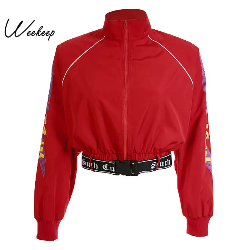

Weekeep Women Loose Streetwear Jacket Fashion Cropped Adjustable Waist Jackets Red Long Sleeve Stand Collar Casaco Feminino Tops